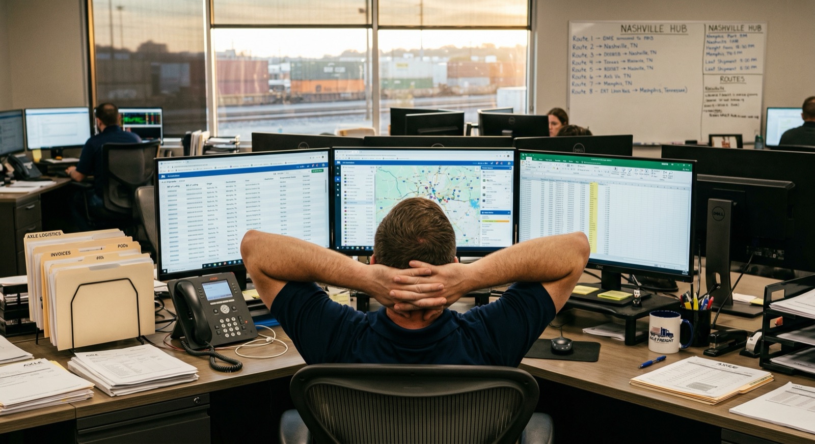 A freight agent leans back at a multi-monitor desk while loads run in the background.